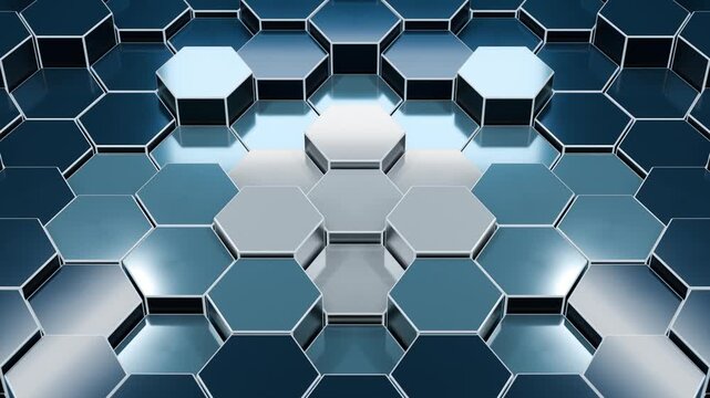 アイスブルーとシルバーの中央を囲んで並ぶ六角形タイルが前後に動くループ動画。企業広告や製品紹介の背景に映える金属質感のシネマティック素材