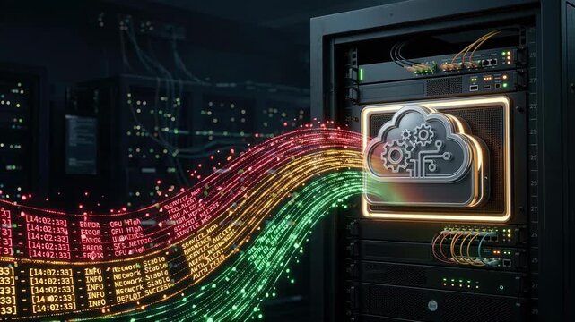 Cloud Coding Data Streams Illuminate Secure Server Center with Glowing Digital Technology