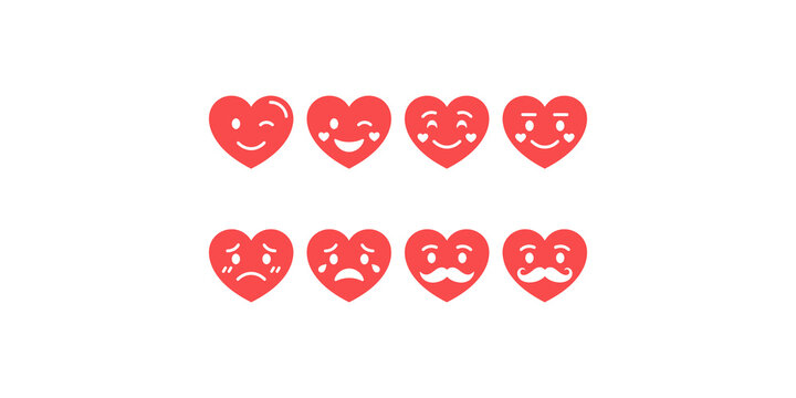 Heart emoticons with various facial expressions displaying red graphic shapes for digital communication purposes.