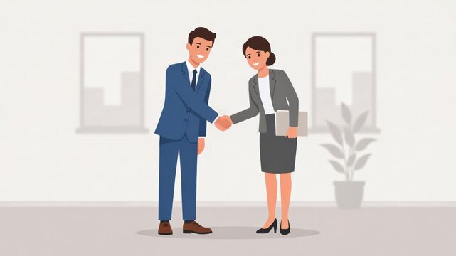 Flat vector illustration of a businessman and businesswoman shaking hands in an office after closing a successful business deal, and professional collaboration, 4K video