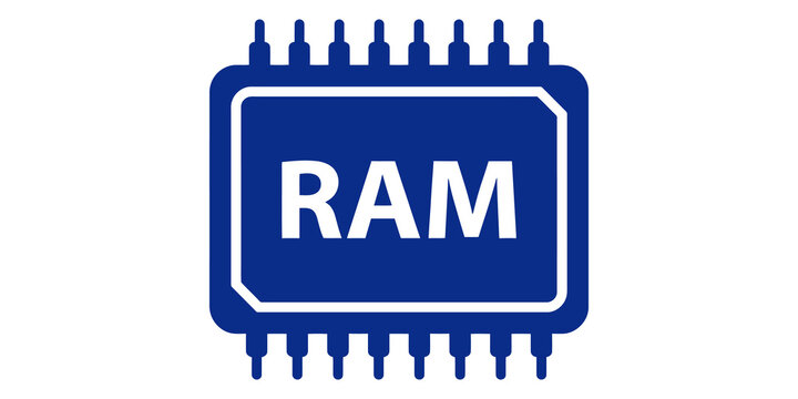 Blue hardware component icon labeled ram representing computer memory capacity and internal device hardware storage.