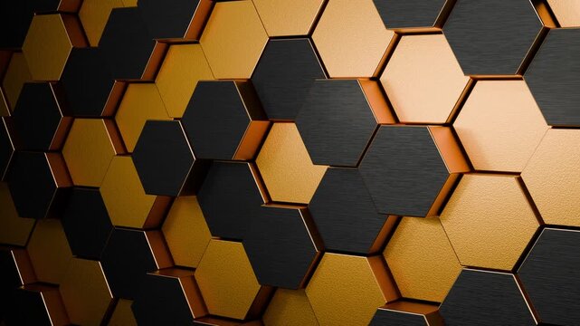 黒と金の刷毛目の六角形タイルが前後に動くループ動画。企業広告や製品紹介の背景に映える金属質感のシネマティック素材