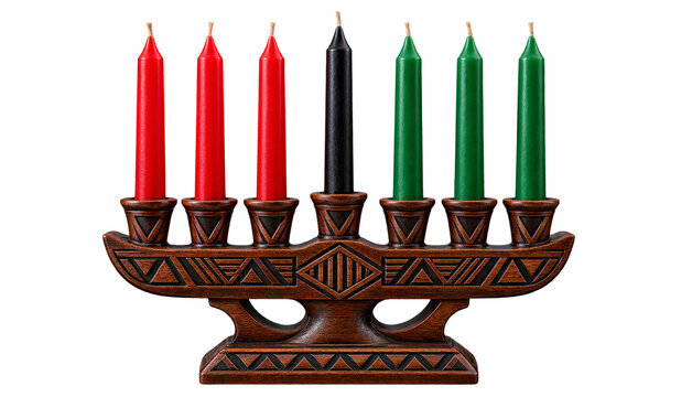 Kwanzaa kinara candleholder with seven red black and green candles isolated on transparent background.