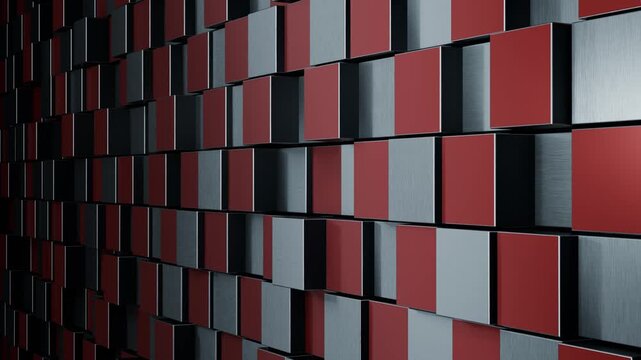 朱赤とチタンの奥へ続く四角形タイルが前後に動くループ動画。企業広告や製品紹介の背景に映える金属質感のシネマティック素材
