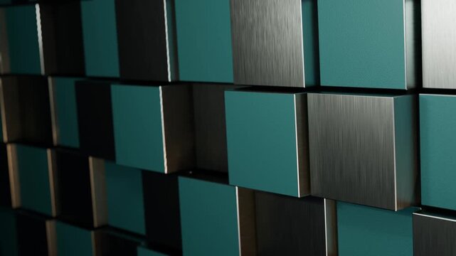 ペトロールと氷銀の接写した厚い四角形ブロックが前後に動くループ動画。企業広告や製品紹介の背景に映える金属質感のシネマティック素材