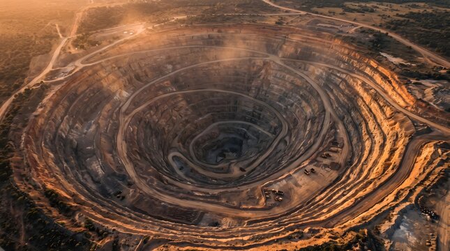 Massive open pit mine with circular terraced layers at sunset aerial view