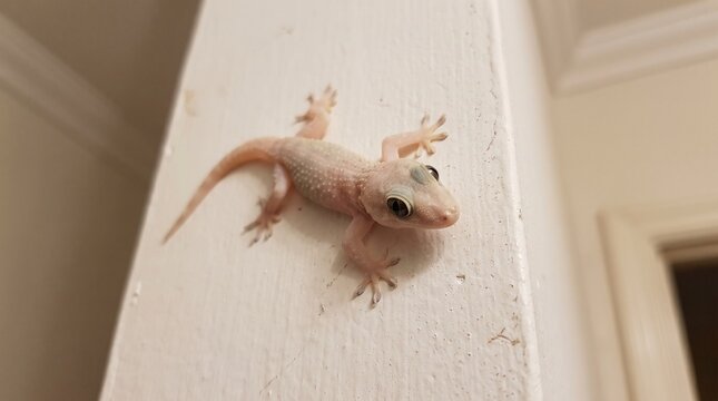 Small house gecko clinging to white wall interior reptile wildlife photography