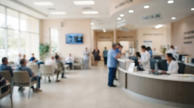 A soft-focus, professional photograph of a bustling hospital reception area. Ideal for medical, health care, or corporate business website backgrounds and marketing materials.