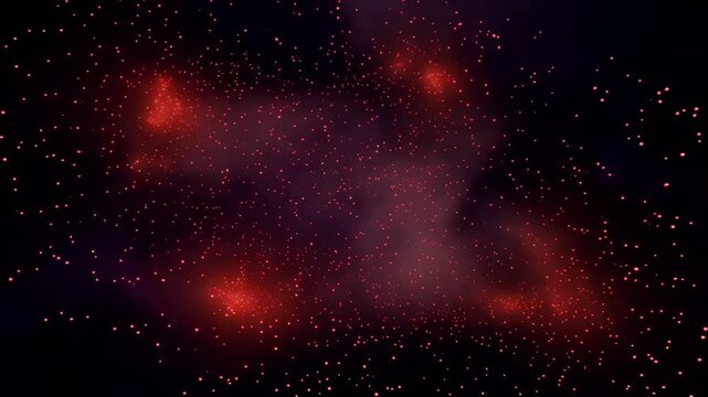 Skull transforms amid glowing red particles and sparks, shifting from a bright frontal view to a dramatic illuminated profile in dark abstract digital animation