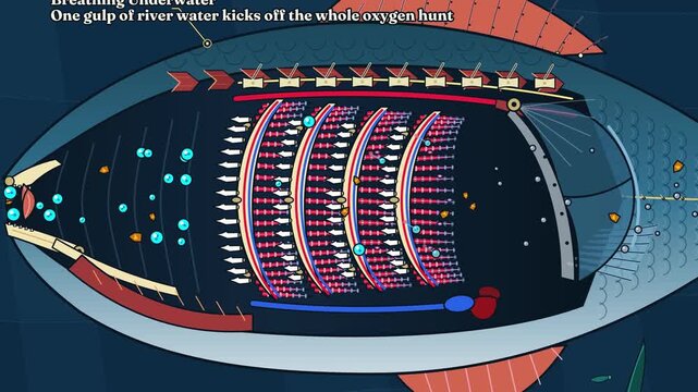 Animated diagram illustrating how fish breathe underwater detailing the gill oxygen filtration process with water intake through the mouth valve and opposite flow capillaries for oxygen extraction