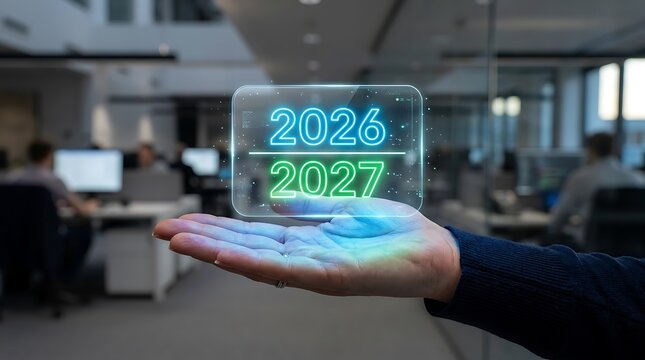 Glowing digital interface displaying future years twenty twenty six and twenty twenty seven inside modern office