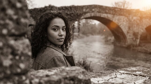 Young woman with curly hair posing outdoors by an ancient stone