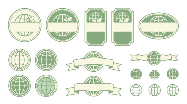 Eco Friendly Vintage Labels and Globe Badges Set, Green Organic Product Packaging Tags Vector, Retro Earth Day Emblem Collection