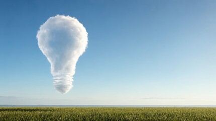 Naklejka premium A Conceptual Lightbulb Shape Cloud Floating In The Clear Blue Sky Over A Serene Green Field Horizon.