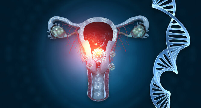 3D female uterus cross section anatomy with virus particles and DNA strand on blue scientific background for medical research visualization.