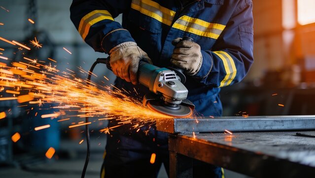 Worker using angle grinder on metal surface with bright orange sparks flying, wearing dark blue jumpsuit with yellow reflective stripes