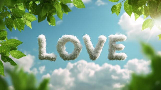 Fluffy letters spelling love against a scenic sky and foliage