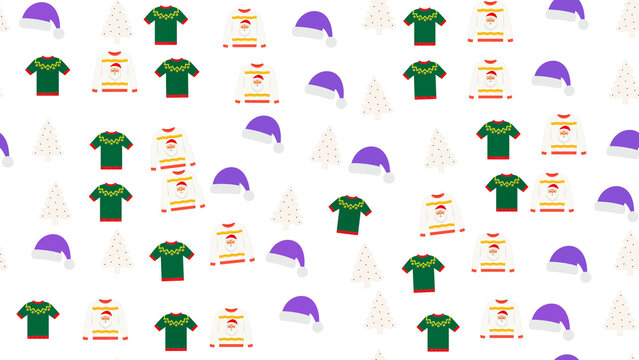 Christmas pattern with sweaters, Santa hats, and trees