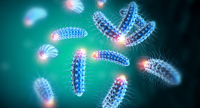 Microscopic 3D illustration of active virus cells on scientific background, glowing particles, infection spread, medical research concept.