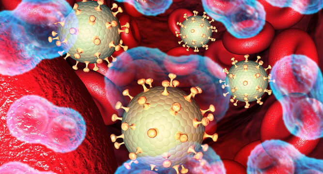 Detailed 3D illustration of virus particles and blood cells on scientific background, infection spread, medical research concept.