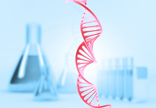 Detailed DNA strand anatomy on blurred chemistry laboratory background, glowing genetic structure, biotechnology and scientific research concept.