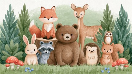 Fototapeta premium Watercolor woodland forest animals illustration set with cute bear fox deer rabbit raccoon hedgehog owl squirrel mushrooms berries and pine trees for nursery art design children room wall decor