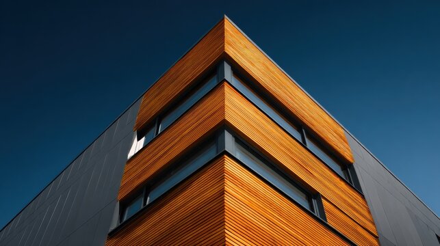 Corner of a modern building features wooden cladding and gray metal panels
