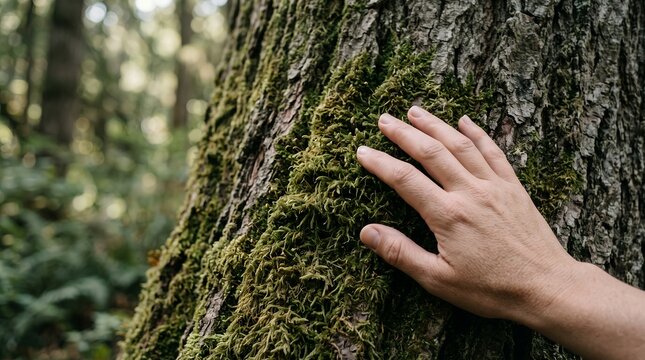 A close-up of a hand gently touching forest moss captures the tactile experience of nature and the sensory awareness associated with forest bathing.