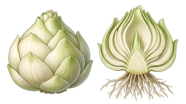 Botanical illustration of a green plant bulb with external view and internal cross section showing roots