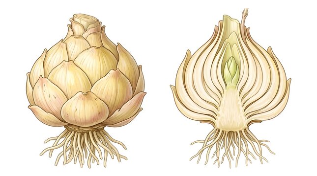 Botanical illustration of a yellow plant bulb with external view and internal cross section showing roots
