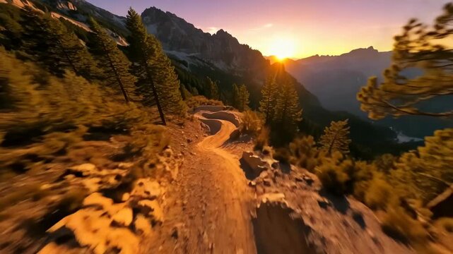 Aerial flight along a rugged mountain trail at golden sunset, passing alpine pines and rocky slopes with dramatic peaks and valley views in a wilderness landscape