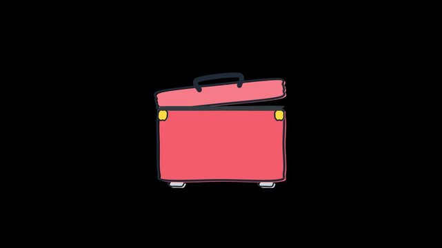 Animated doodle of a red suitcase packing and closing, with various items like a magnifying glass and bottle placed inside, against a black background.