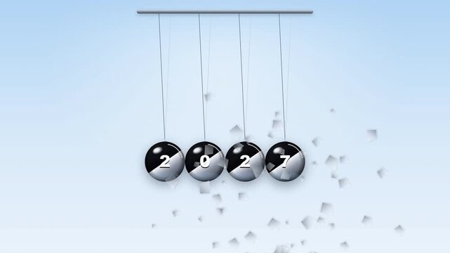 Striking Newton's Cradle Metaphor for New Year 2027 Transition, featuring Breaking Numeric Sphere.