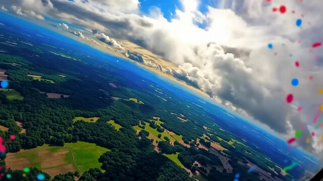 Aerial view over green countryside as camera moves through clouds, revealing patchwork fields, forests, sunlight, and colorful edge reflections in a rural landscape