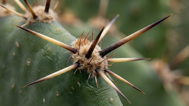 Macro view of sharp spines on a green cactus areole