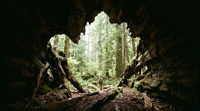 An ancient hollow tree frames a peaceful woodland beyond, suggesting discovery, contemplation and a deeper connection with nature.