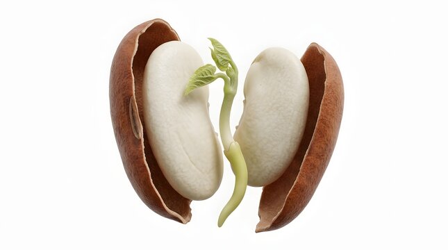 Close up of a sprouting bean seed showing the initial growth of a green seedling shoot