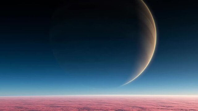 A delicate crescent planet glowing along its curved edge against a deep navy and blue cosmic sky, creating a minimalist celestial scene with a smooth atmospheric gradient and generous negative space.