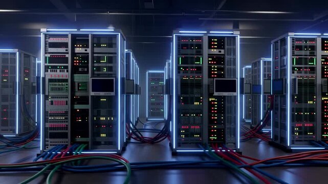 Illuminated server racks with blinking network equipment and bundled cables in a modern data center, cinematic camera movement through rows of computer infrastructure