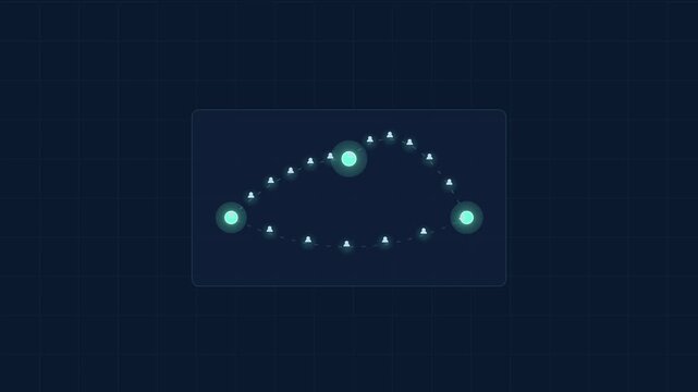 Seamless loop of customer journey analytics showing user icons moving between data nodes on a digital interface.