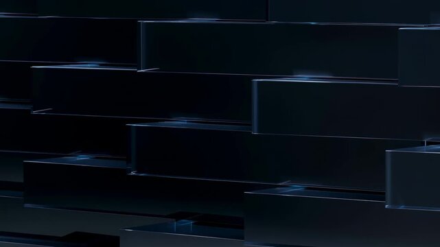 Dark geometric blocks shift slowly through an abstract three-dimensional space. Technology presentations, corporate title sequences, and digital product introductions.