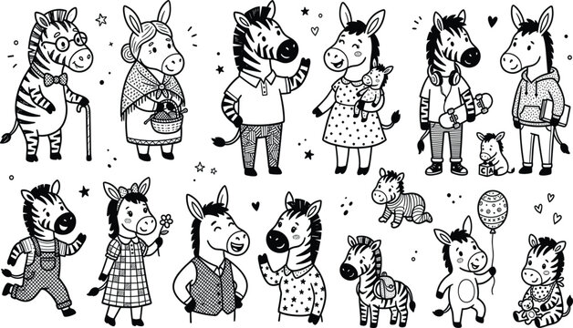 PrintCute Cartoon Zebra and Donkey Family Vector Set with Playful Animal Characters in Standing, Walking, and Sitting Poses for Kids Nursery Illustrations