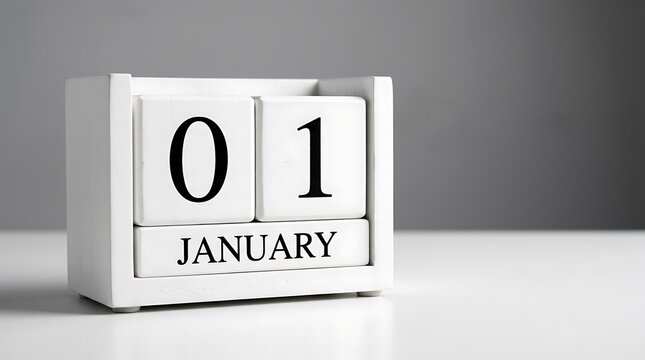 Wooden block calendar displaying first day of january against a minimalist gray studio background