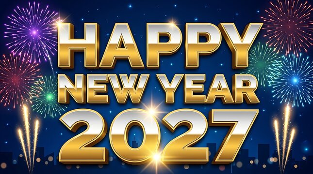 Shiny golden and silver new year twenty twenty seven typography against glowing colorful festive fireworks