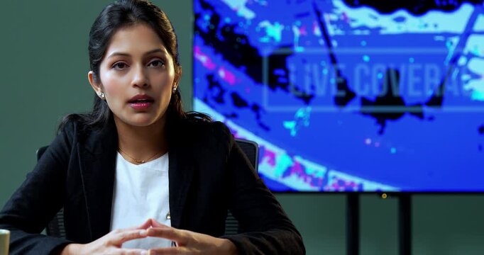 Young Indian female news presenter delivering breaking news to camera in a television studio, reporting current events for a news channel with a professional broadcast presentation.