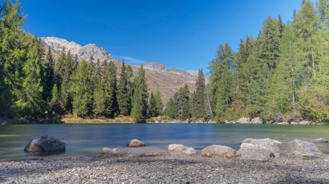 Bitabergh lake in Swiss Alps, Engadin, Bregaglia valley in autumn