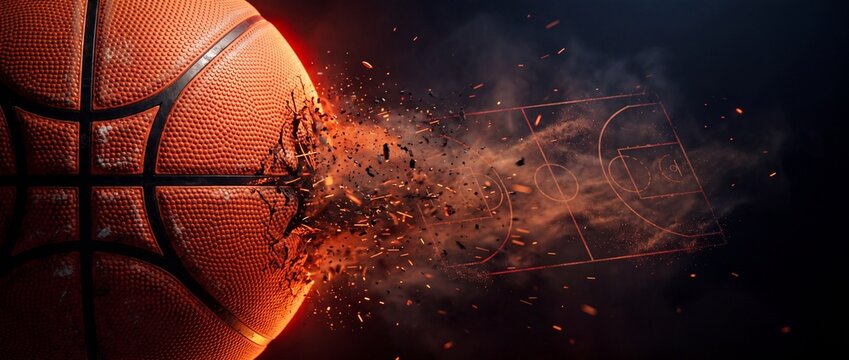 3D render of a basketball exploding into glowing fire particles revealing a neon court diagram, transparent background