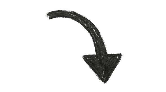 Hand-drawn black arrow curves downwards on a plain gray background, created with a charcoal or thick marker style.