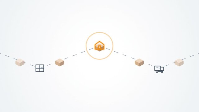 Seamless loop animation of e-commerce fulfillment lifecycle showing packages moving through shipping and delivery stages.