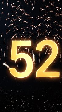 Golden Birthday Number 52 with Fireworks, Gold Particle Animation